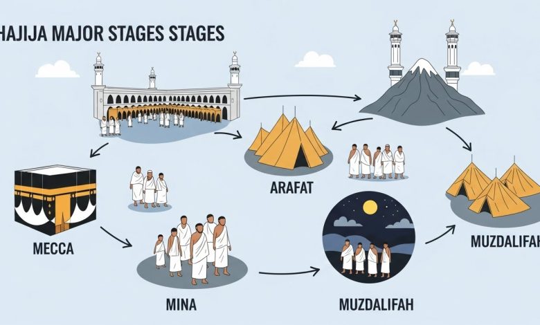 Étapes du Hajj : ordre des étapes (tawaf, sa’i, Arafat, Mina, Muzdalifah), checklists, foule, chaleur et erreurs à éviter.