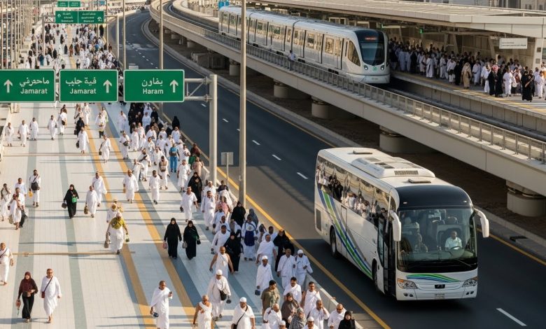 Découvrez tout sur le transport pendant le Hajj : bus, métro des pèlerins, marche, heures de pointe et distances entre les lieux saints.